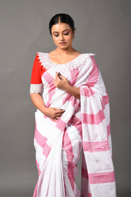 White & Pink Khadi Cotton Saree