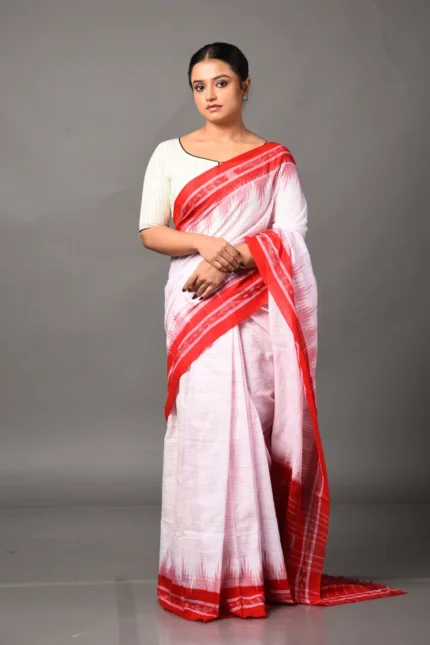 White & Red Sambalpuri Cotton Saree