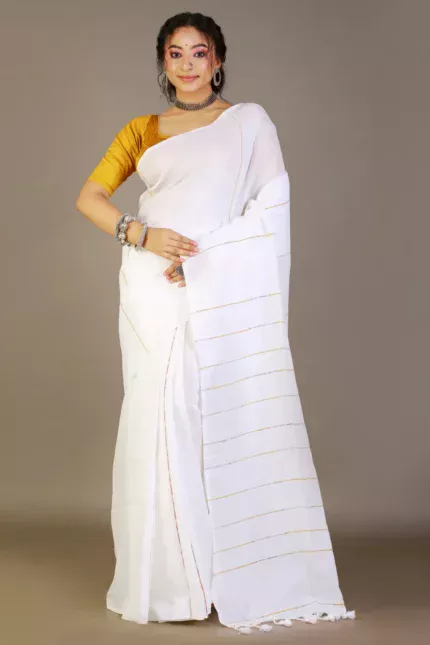 Aesthetic White Cotton Khesh Saree