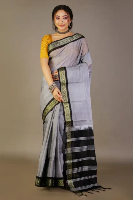 Gray-Black Tangile Cotton Saree