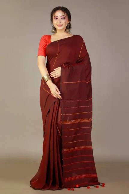 Dark-Maroon Khesh Cotton Saree