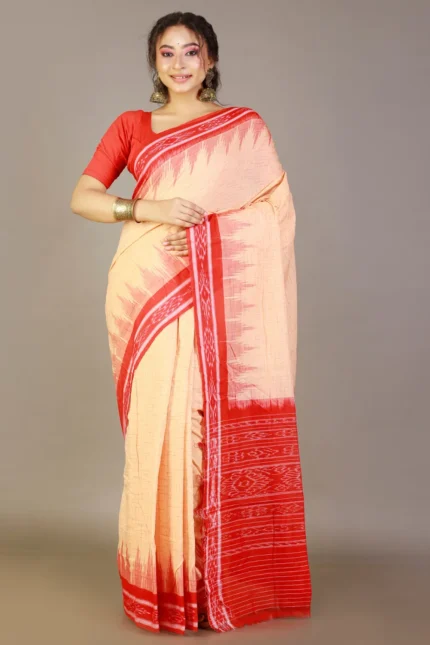 Peach-Red Sambalpuri Ikkat Cotton Saree