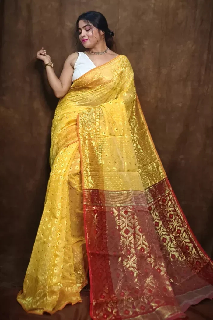 Yellow Zari Designed Cotton Jamdani Saree